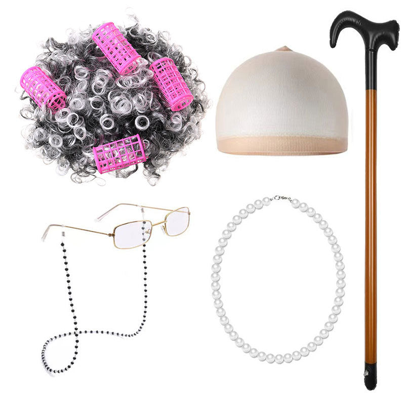 School Day Old Grandma Grandpa Crutches Lady Cos Wig