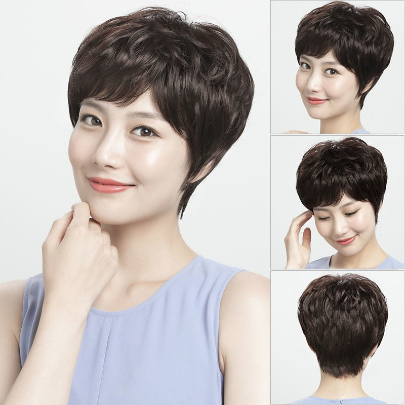 Women's Short Curly Human Wigs Natural Mom Real Hair Wig