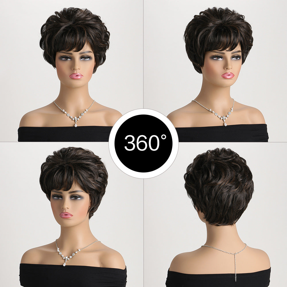 Women's Fashion Fluffy Side Bangs Black Brown Pick Color Wig Short Curly Hair