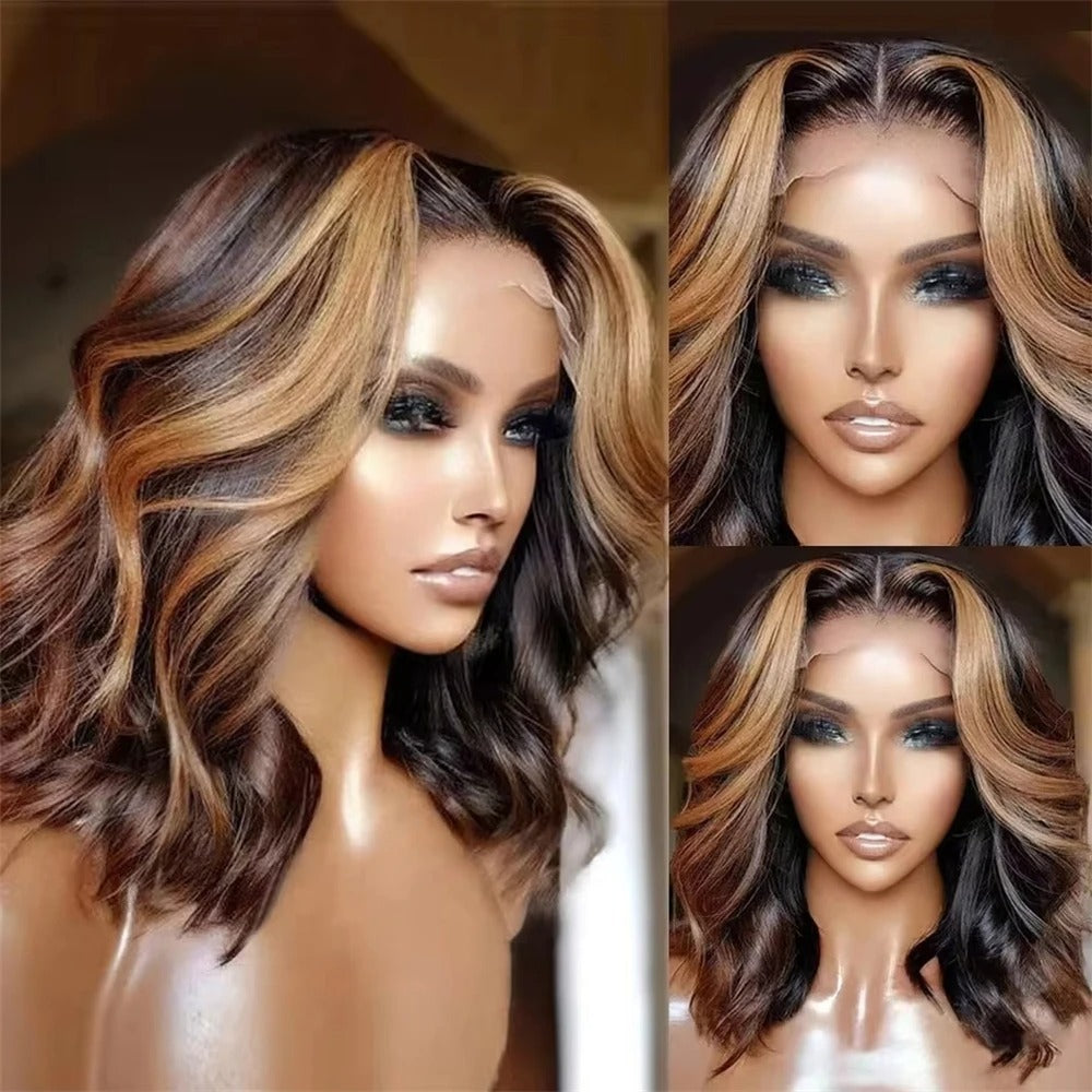 Short Hair Gradient Lace Forehead High Gloss Brown Mixed Golden Other Wig