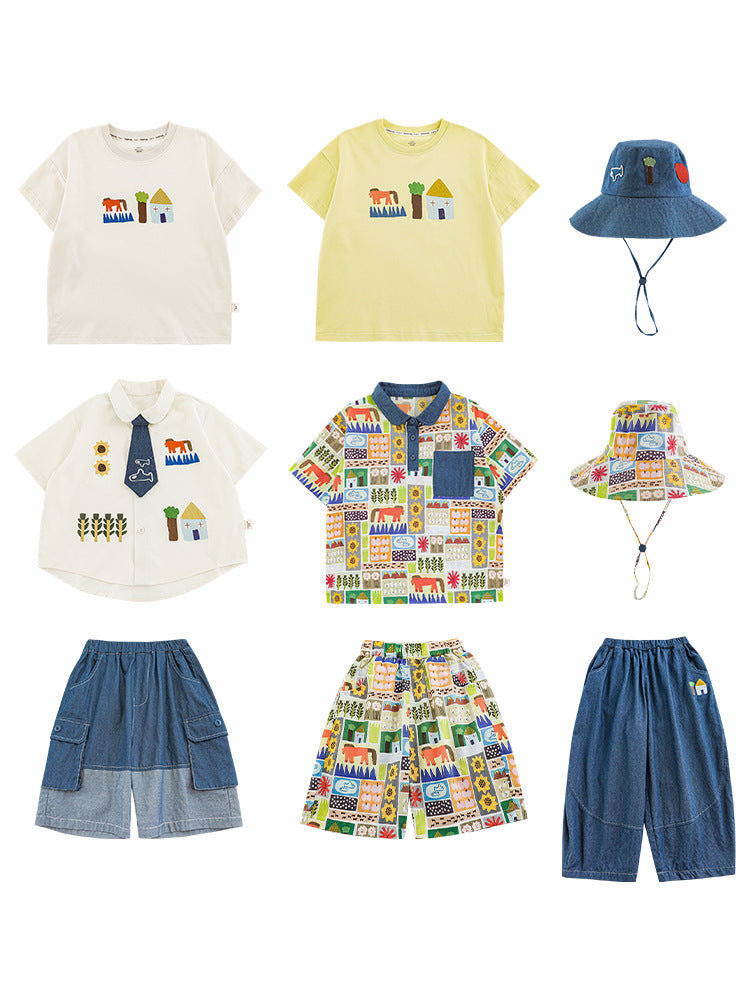 Lapel Lightweight Short-sleeved T-shirt Loose Jeans Pastoral Children's Shirt