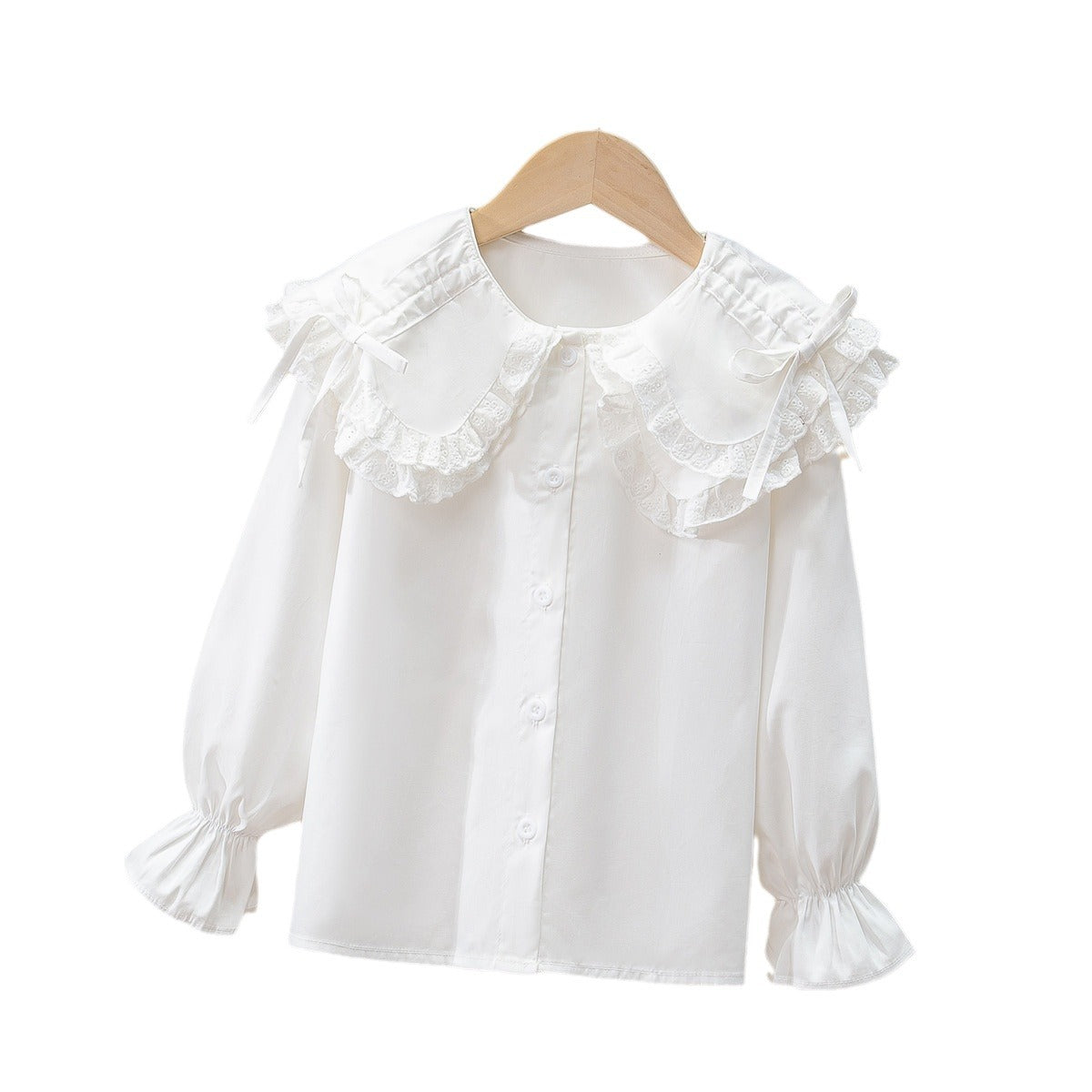 Middle Big White With Lapel Cotton Long-sleeved Spring Casual Children's Shirt