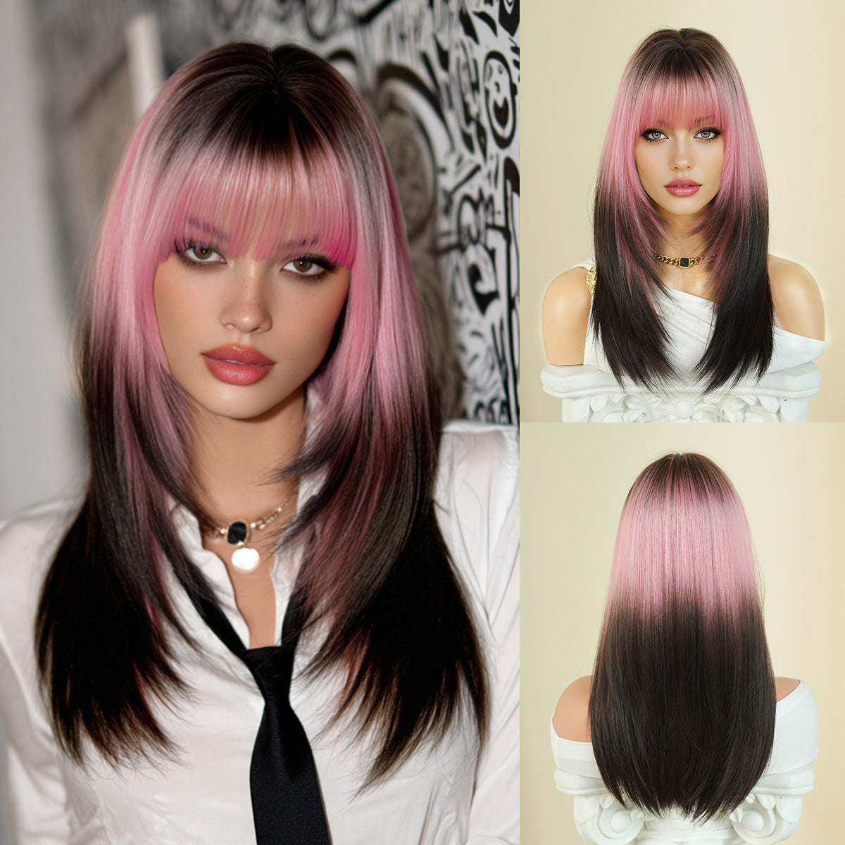 Quality Female Natural Black Layered Bangs Long Straight Wig