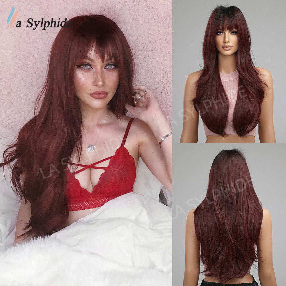 Curly Female Bangs Wine Red Brown Wig Long Curls