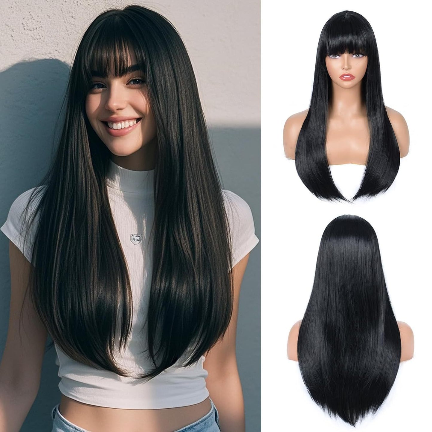Black Bangs Hair Comfortable Elastic Net Fiber Long Straight Wig