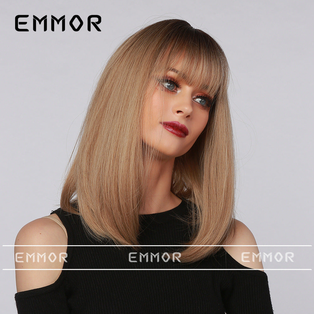 Women's Bangs Black Gradient Brown Medium Long Wig Short Straight Hair