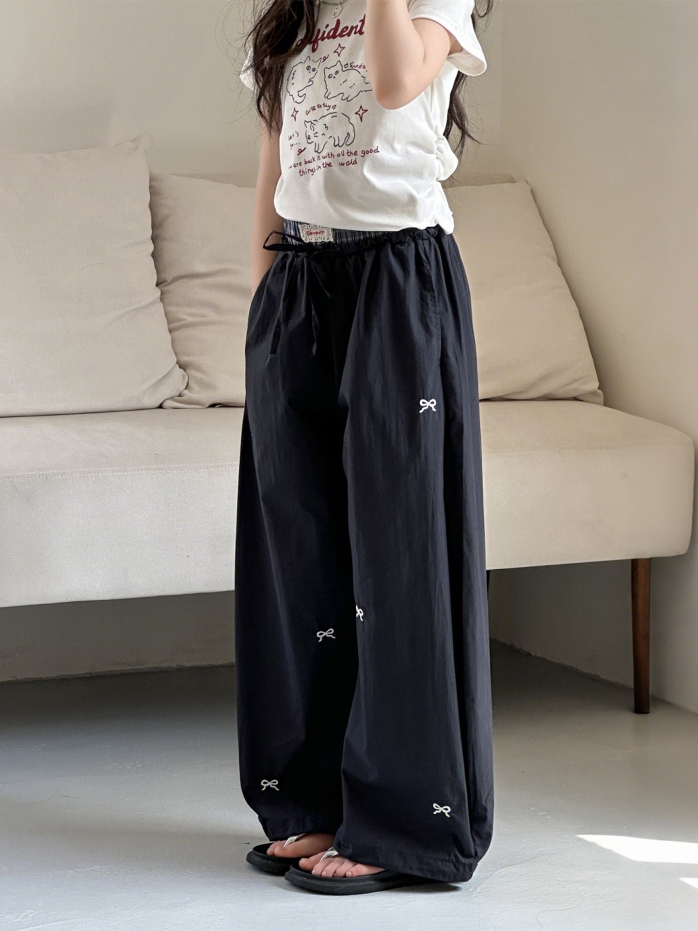 Embroidered Bow Loose Teens Casual Straight Children's Pants