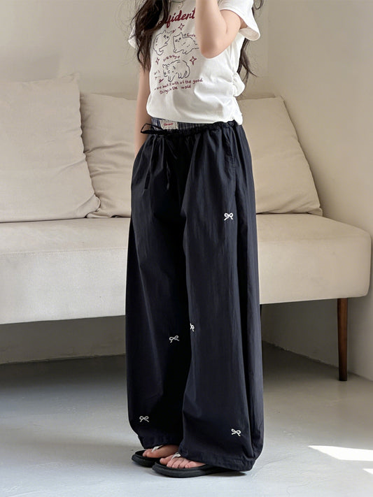 Embroidered Bow Loose Teens Casual Straight Children's Pants