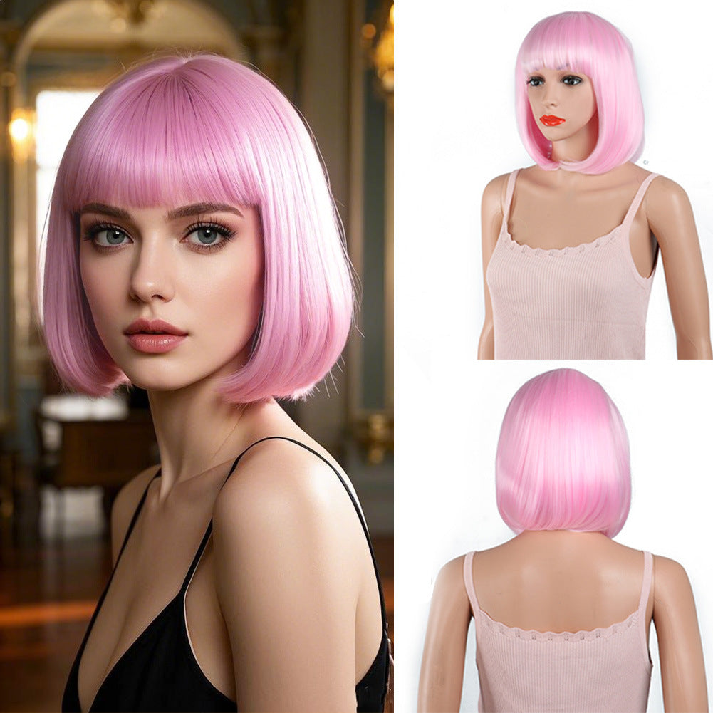 Women's Fashion Long Black Head Cover With Wig Short Straight Hair