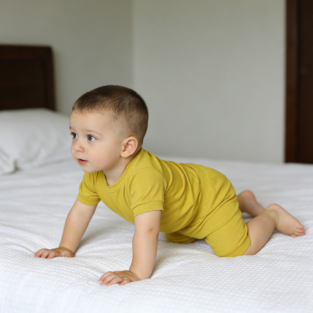 Children's Sunken Stripe Thin Candy Home Wear Short Sleeve Shorts Two-piece Children's Suit