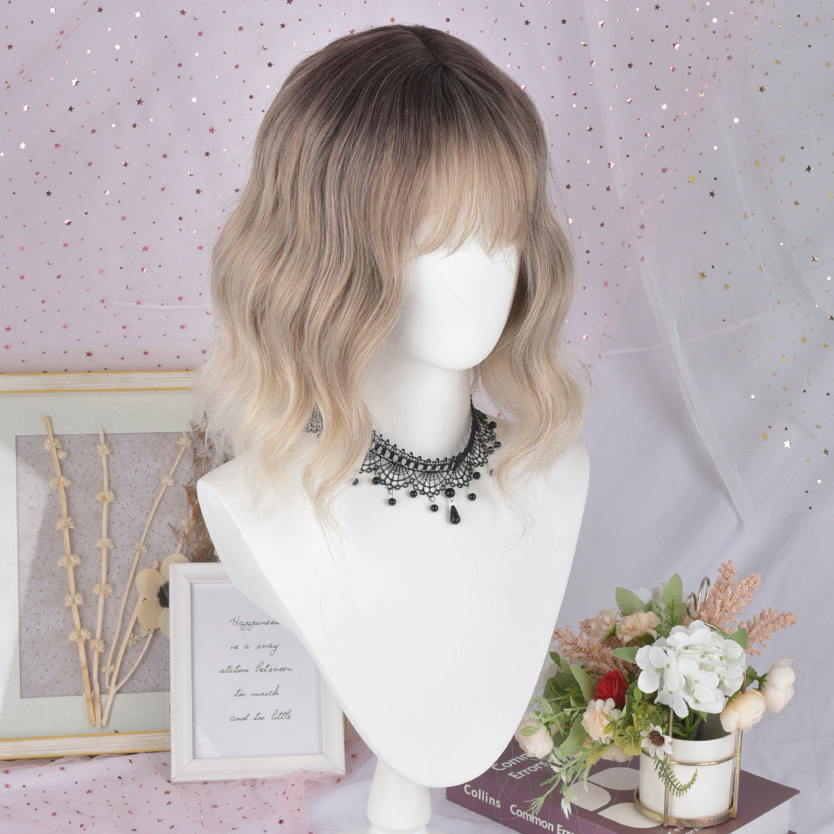 Straight Bangs Chemical Fiber Dyed Gradient Wig Short Curly Hair