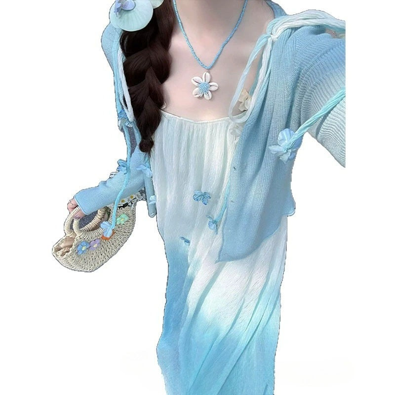 Women's Mint Mambo Style Gradient Blue Strap For Summer Gentle Seaside Children's Dress