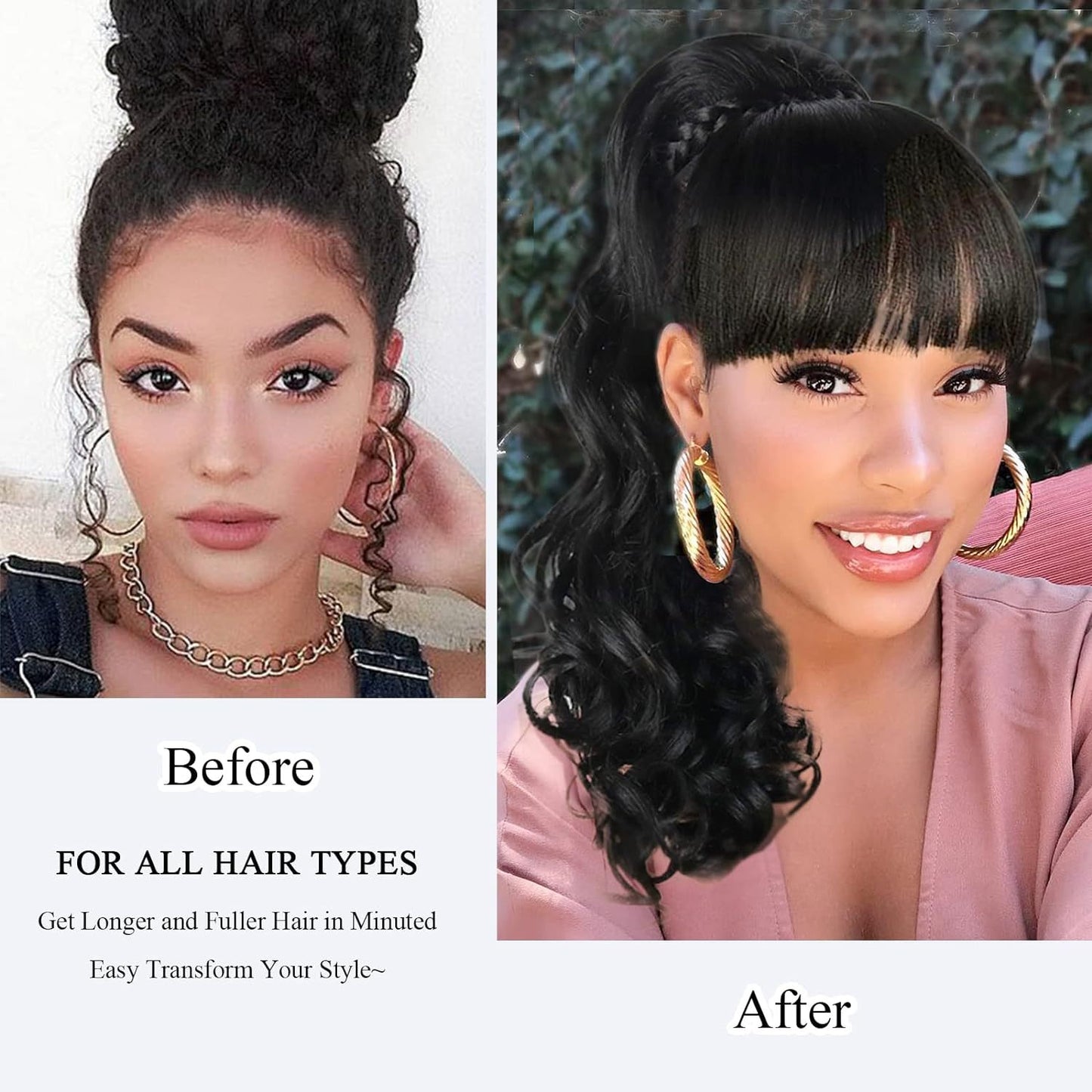Women's Black Long Curly Bangs Hair Wig Ponytail