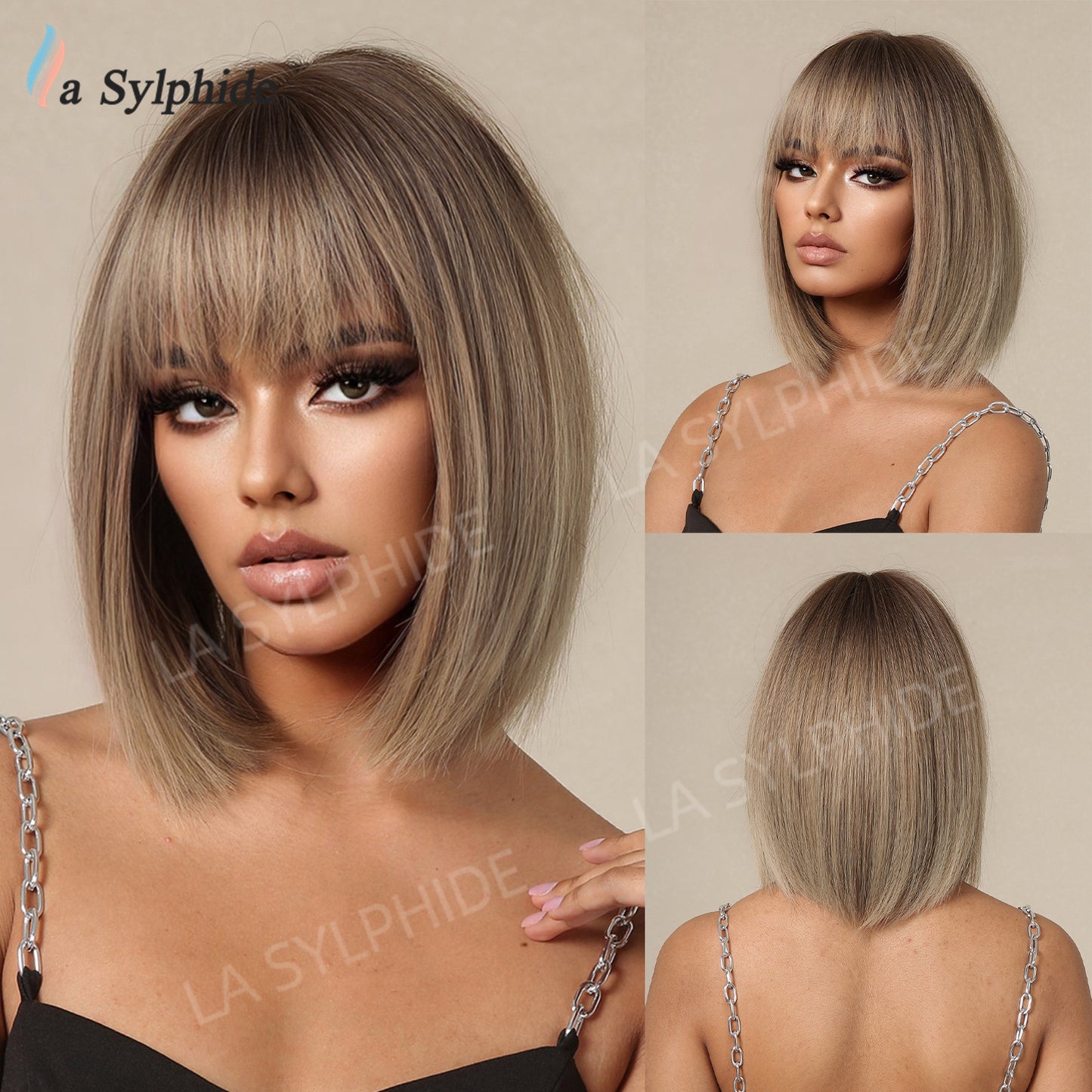 Brown Gradient Bangs Mid-length Mechanism Rose Wig Short Straight Hair