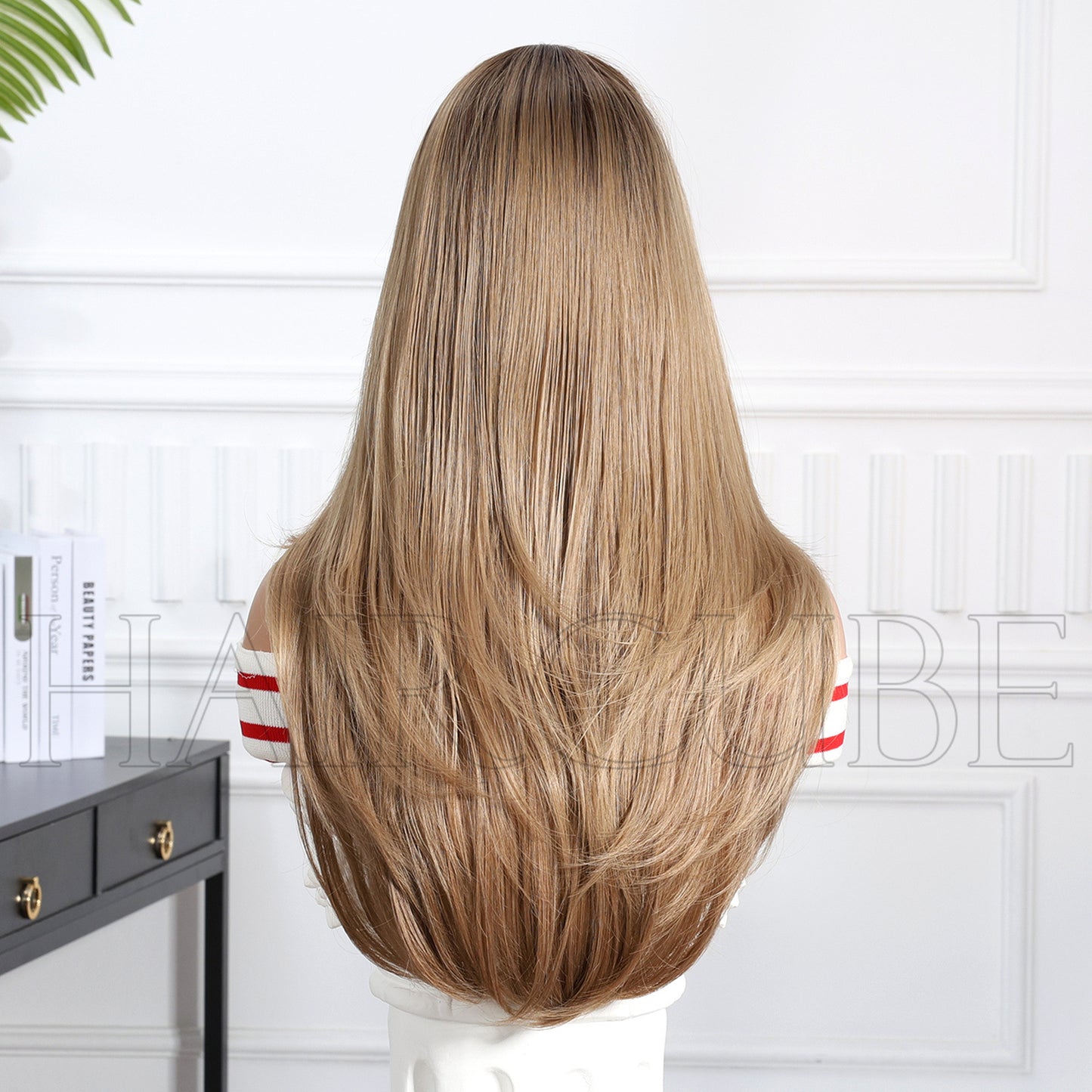Synthetic Wigs Golden Brown Bangs Head Long Straight Wig