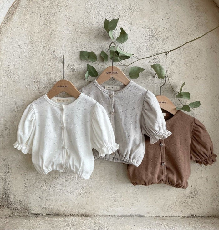 Children's Clothing Hollow Love Puff Sleeve Top Summer Born Lightweight Sun Children's Shirt
