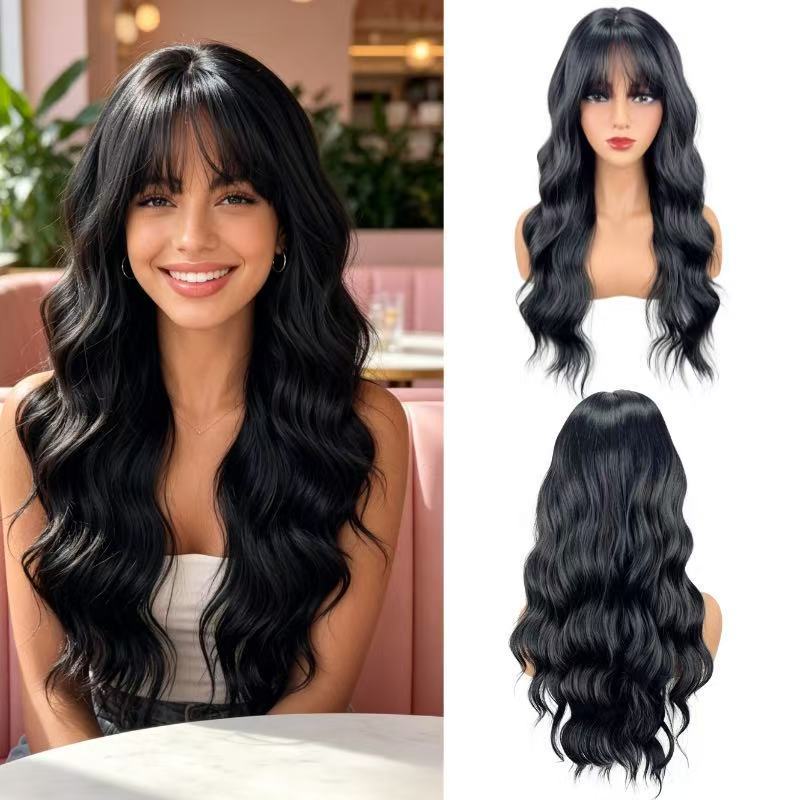 Curly Hair Black Bangs Natural Fiber Wig Long Curls