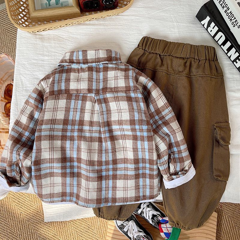 Children's Boys Autumn Clothing Plaid Shirt Handsome Overalls Trendy Cool Three-piece Children's Suit