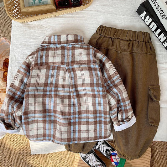 Children's Boys Autumn Clothing Plaid Shirt Handsome Overalls Trendy Cool Three-piece Children's Suit