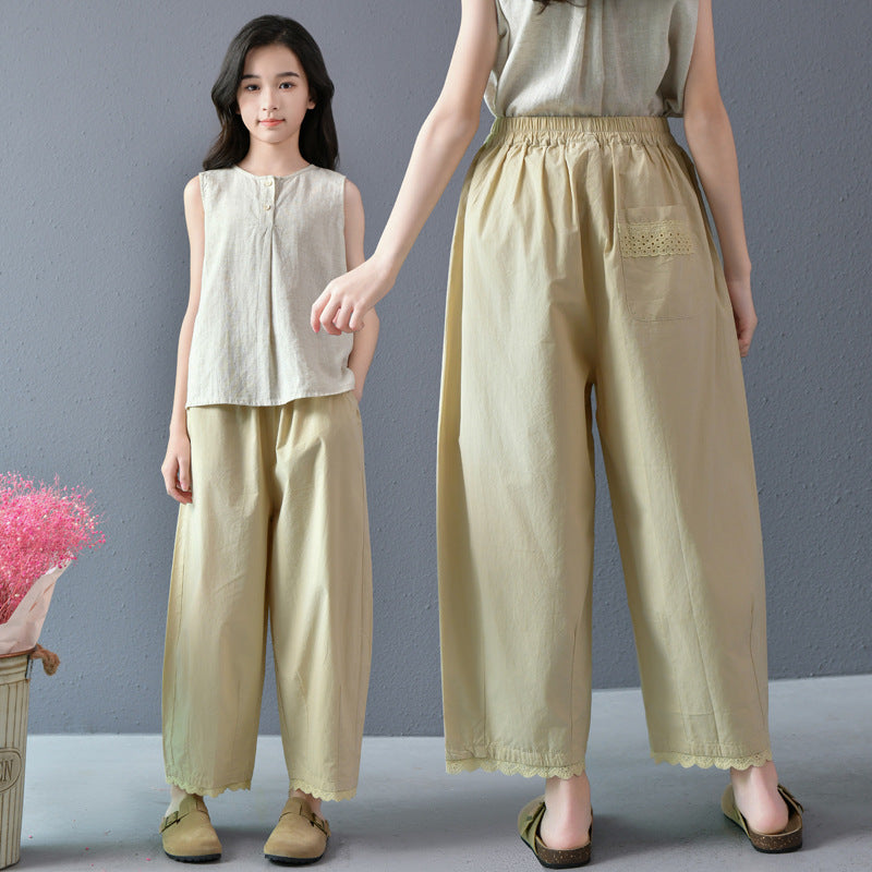 Summer Loose Leisure Artistic Retro Casual Cropped Slim Elastic Waist Children's Pants