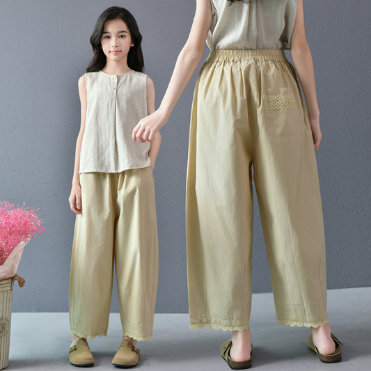 Summer Loose Leisure Artistic Retro Casual Cropped Slim Elastic Waist Children's Pants