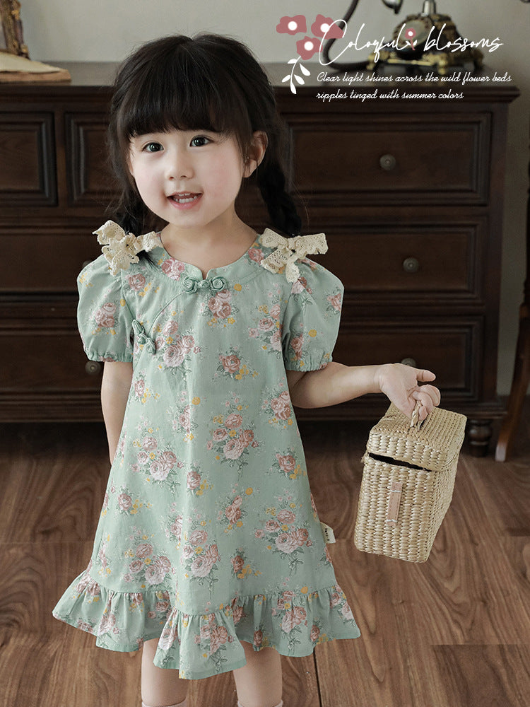 Cheongsam Summer Floral Puff Sleeve Chinese Style Rose Children's Dress