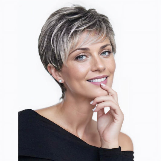 Women's Gray White Small Roll Tube Split Fiber Piece Wig Short Straight Hair