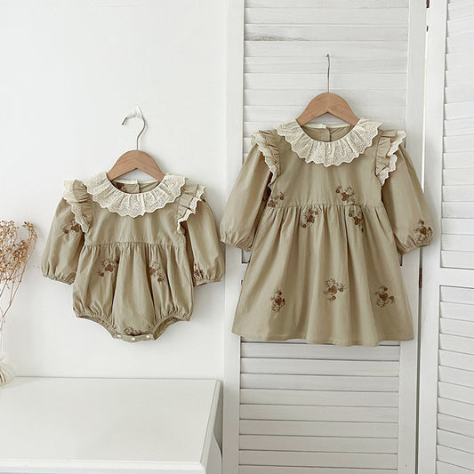 Sisters Outfit Infants Romper Long Sleeve Lace Collar Embroidered Children's Dress