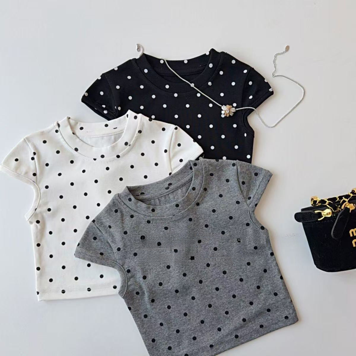 Dot Printed Short Sleeve Slim Round Neck Bottoming Shirt Top Children's T-shirt