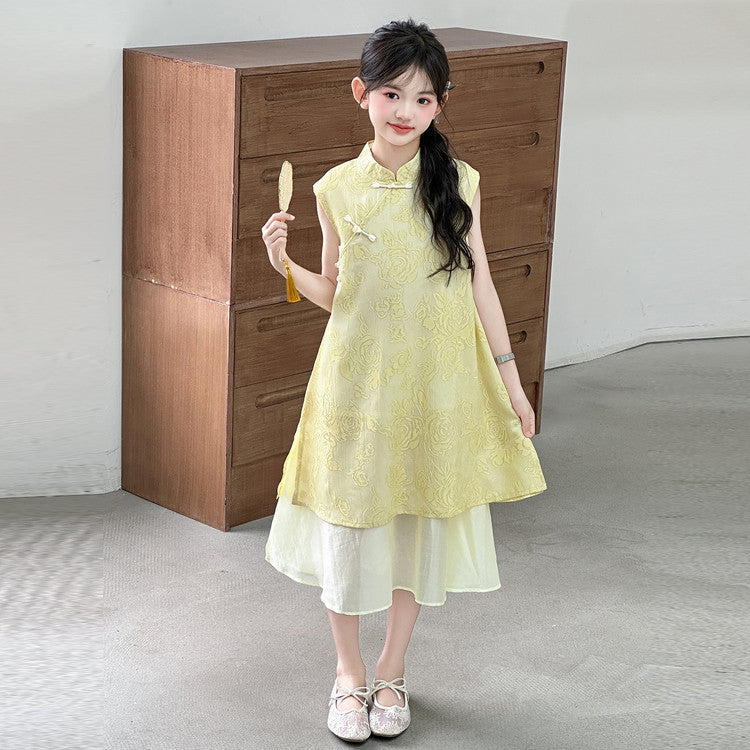 Children's Cheongsam Chinese Style Sleeveless Buckle Skirt Medium Children's Dress