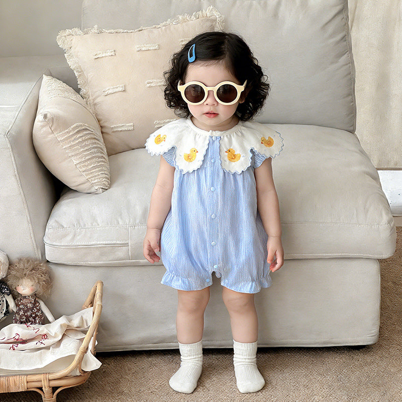 Small Yellow Duck Embroidered Large Lapel Jumpsuit Summer Breathable Short-sleeved Jumpsuit, Climbing Suit