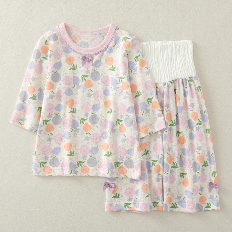 Children's Summer Three-quarter Sleeve High Waist Belly Protection Floral Thin Breathable Children's Suit
