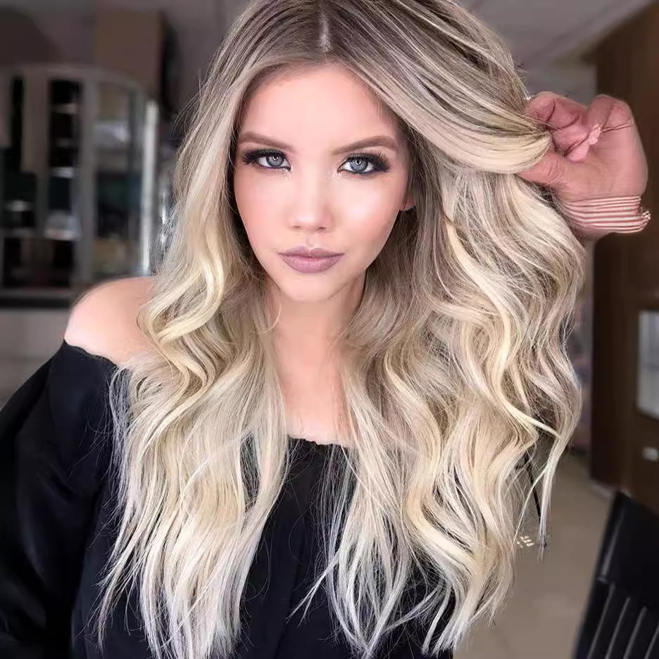 Women's Medium Gradient Yellow Curly Hair Big Wave Rose Wig Long Curls