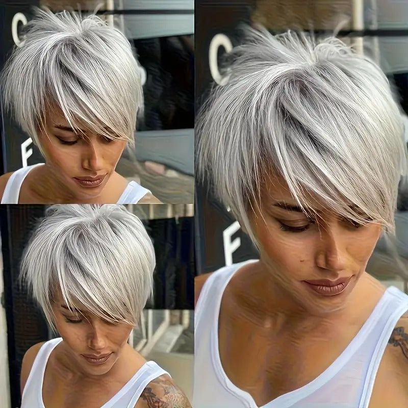 Side Bangs Sier Gray Fluffy Straight Chemical Wig Short Curly Hair