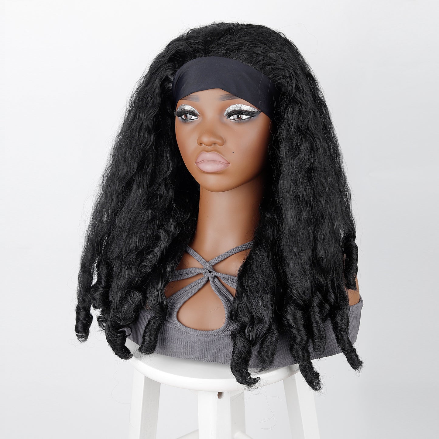Women's Hair Band Head Cover Fluffy Afro Ice Silk Wig Long Curls