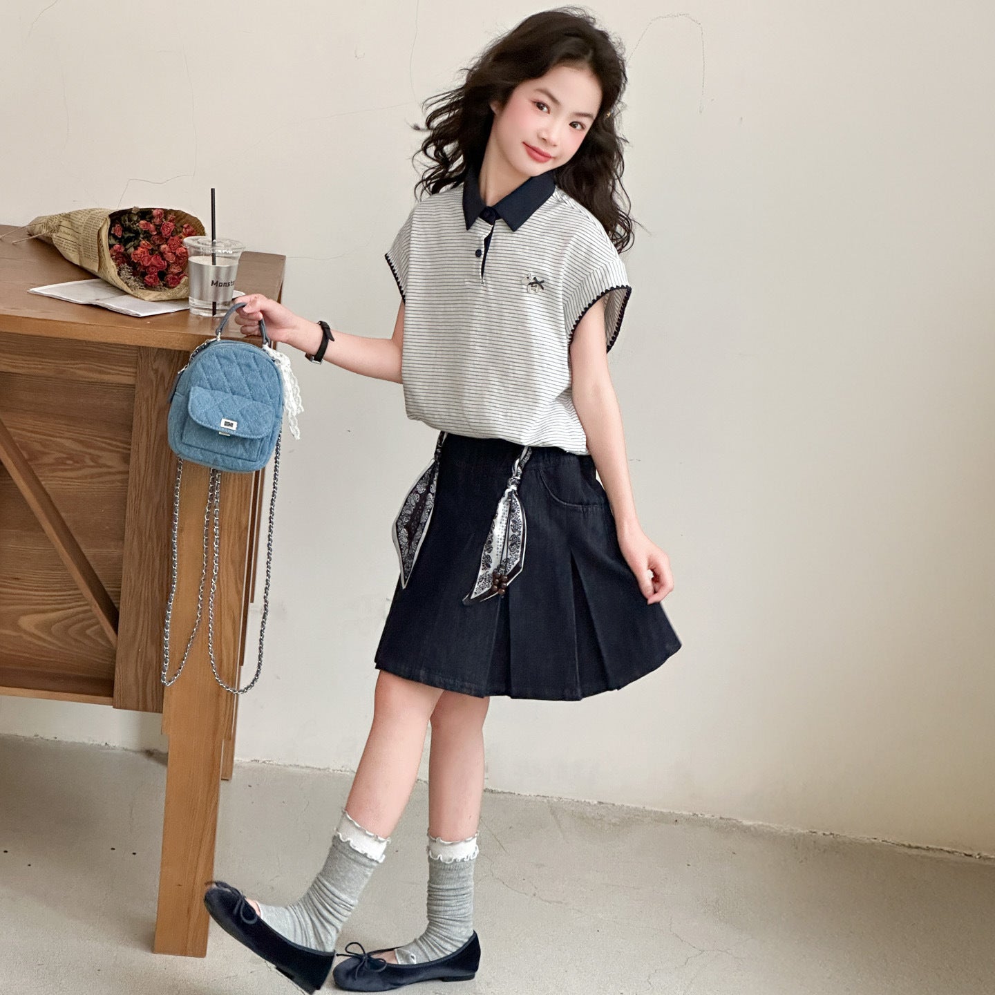 Children's Super Beautiful Medium Big Collar Short Sleeve Pleated Skirt Children's Suit