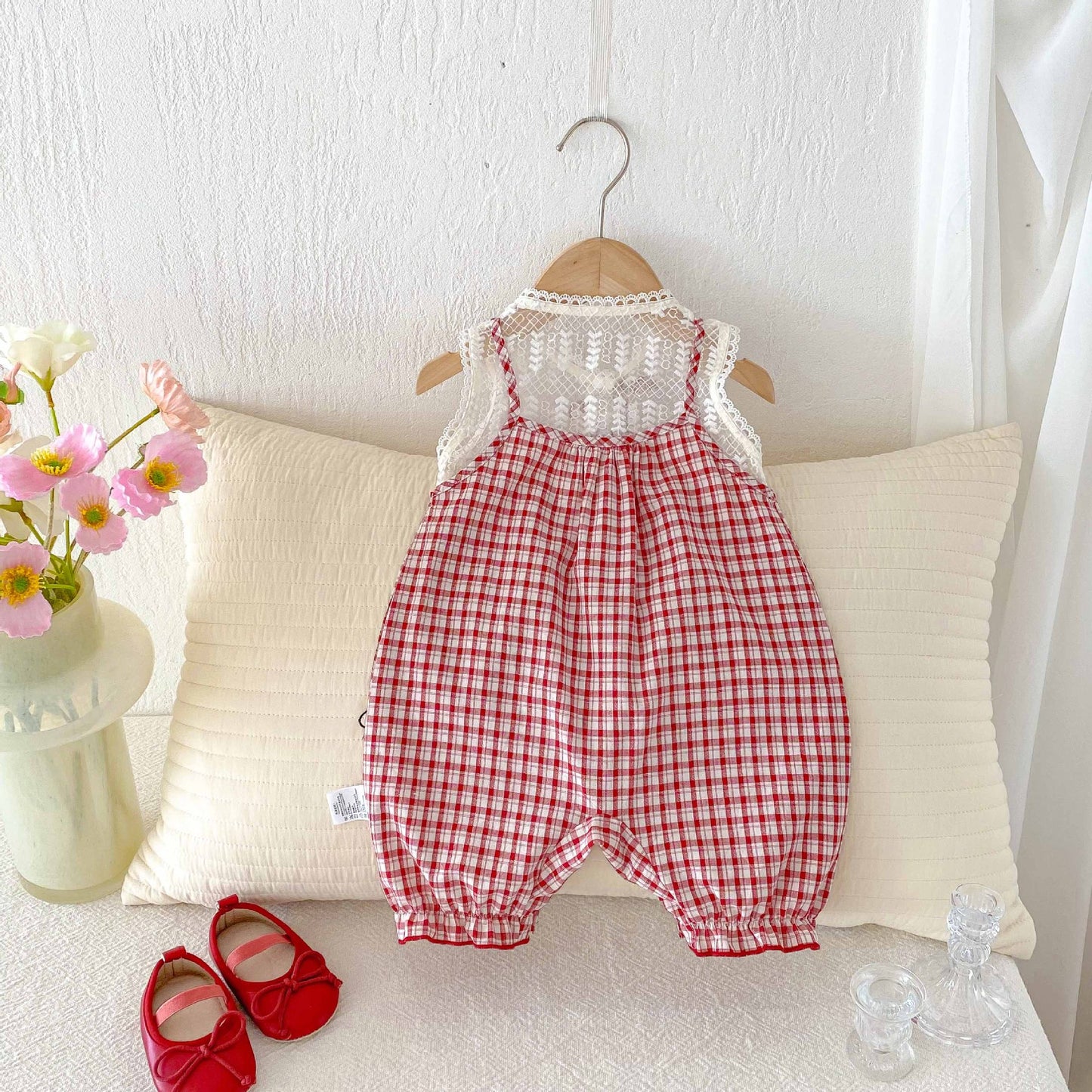 Korean Style Summer Clothes Fresh Lace Stitching Plaid Romper Born Jumpsuit, Climbing Suit