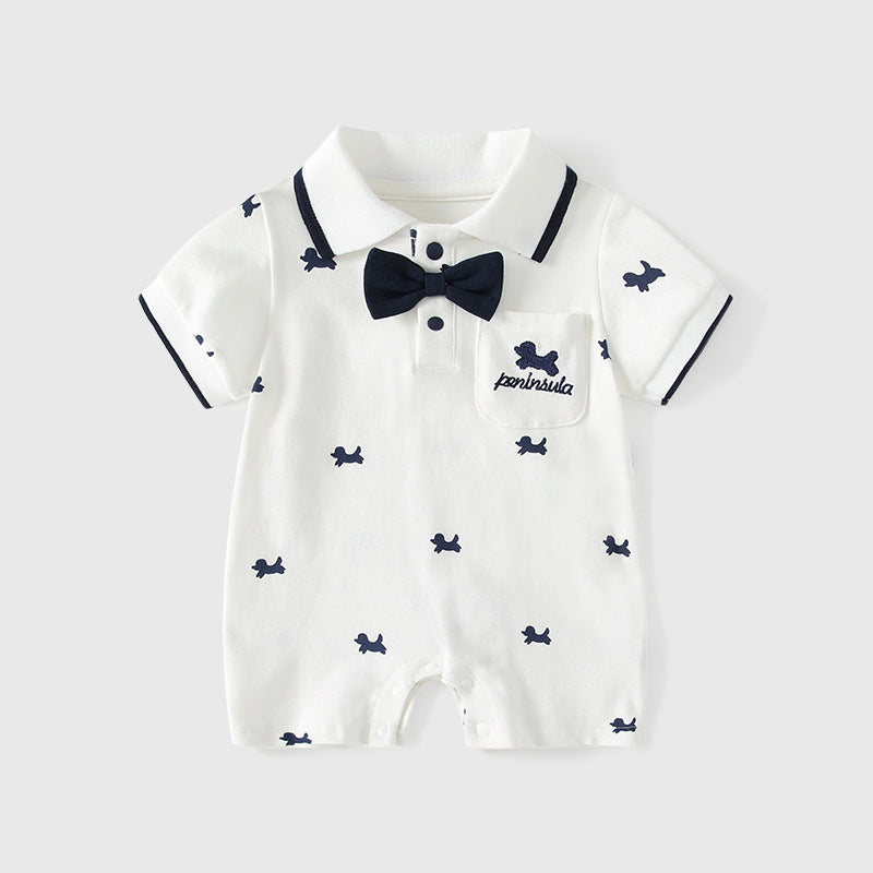Lapel Gentleman Short Sleeve Rompers Summer Dog Print First Month Jumpsuit, Climbing Suit