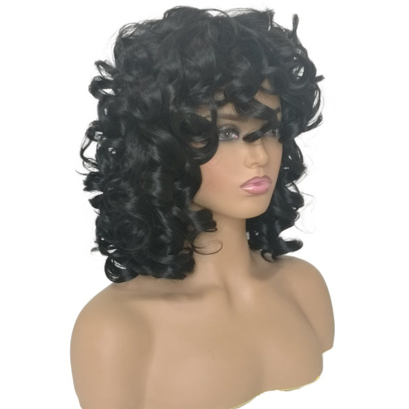 Women's Black Curly Hair Fiber Bangs One Wig Long Curls