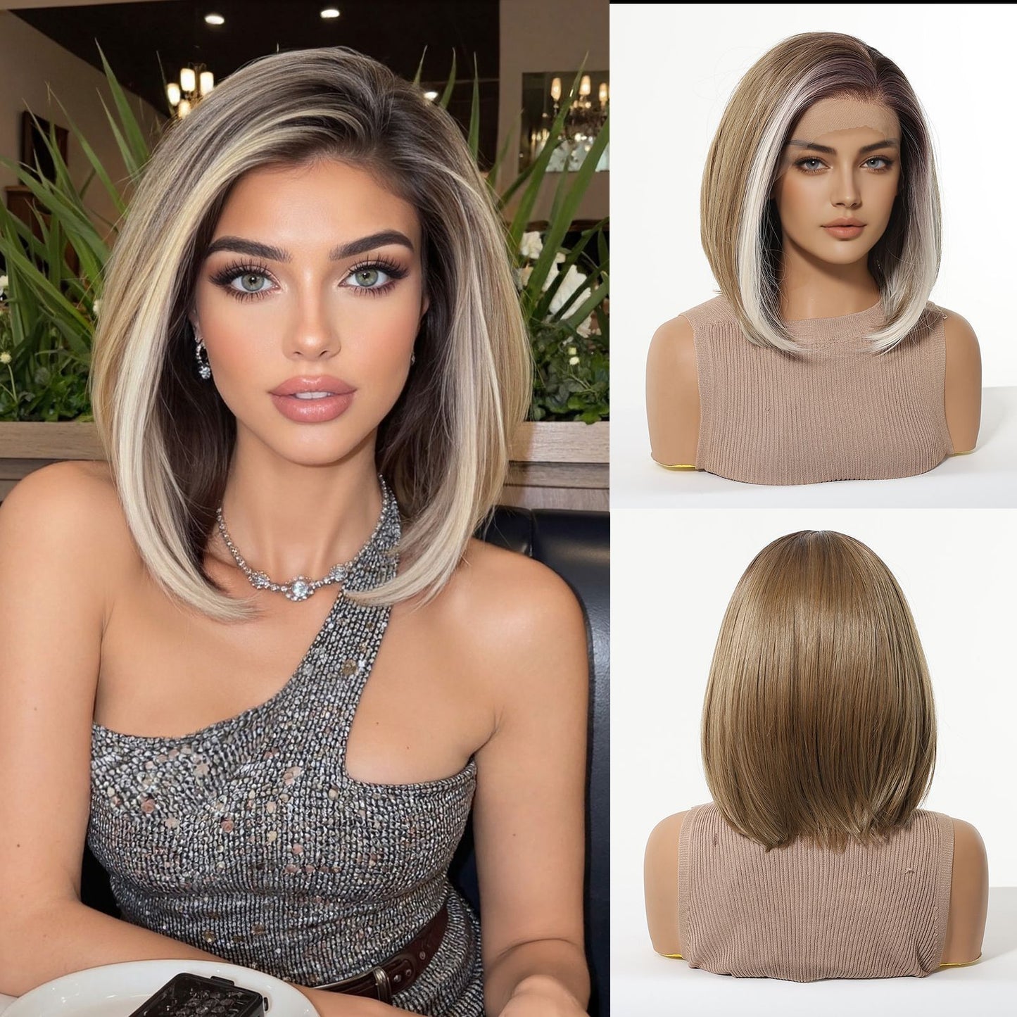 Women's Crocheted Lace On Forehead Fiber Gradient Golden Wig Short Straight Hair