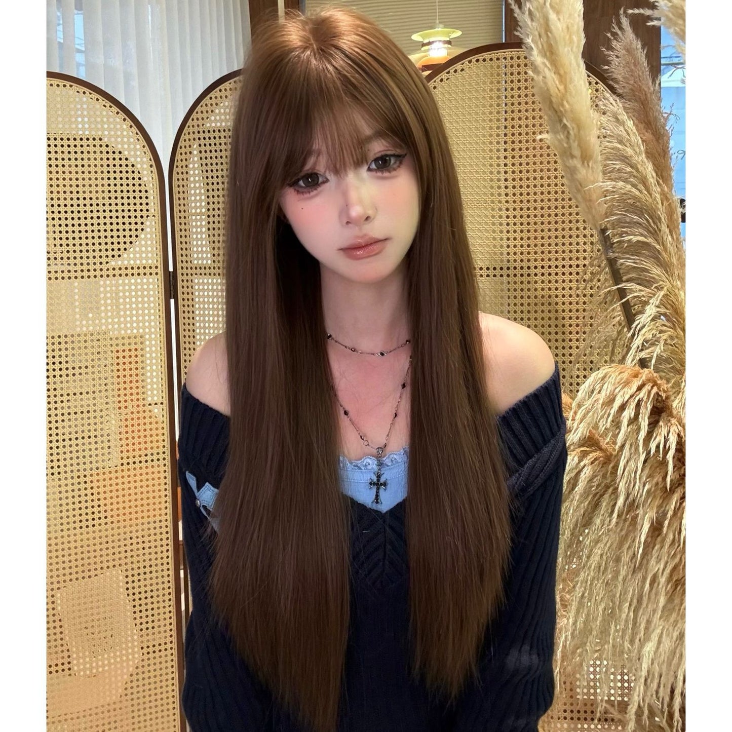 Upgrade Warm Tea Chestnut Brown Bangs Fluffy Atmosphere Long Straight Wig