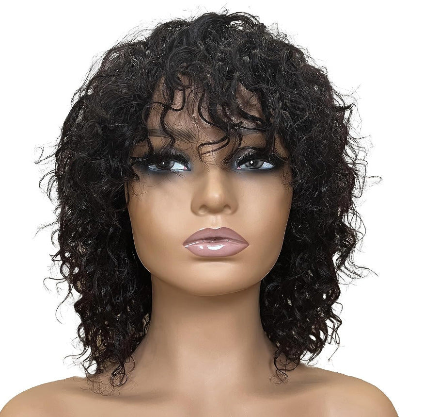 Women's Black Short Curly Hair With Bangs Hand Wrapped Small Chemical Wig Long Curls