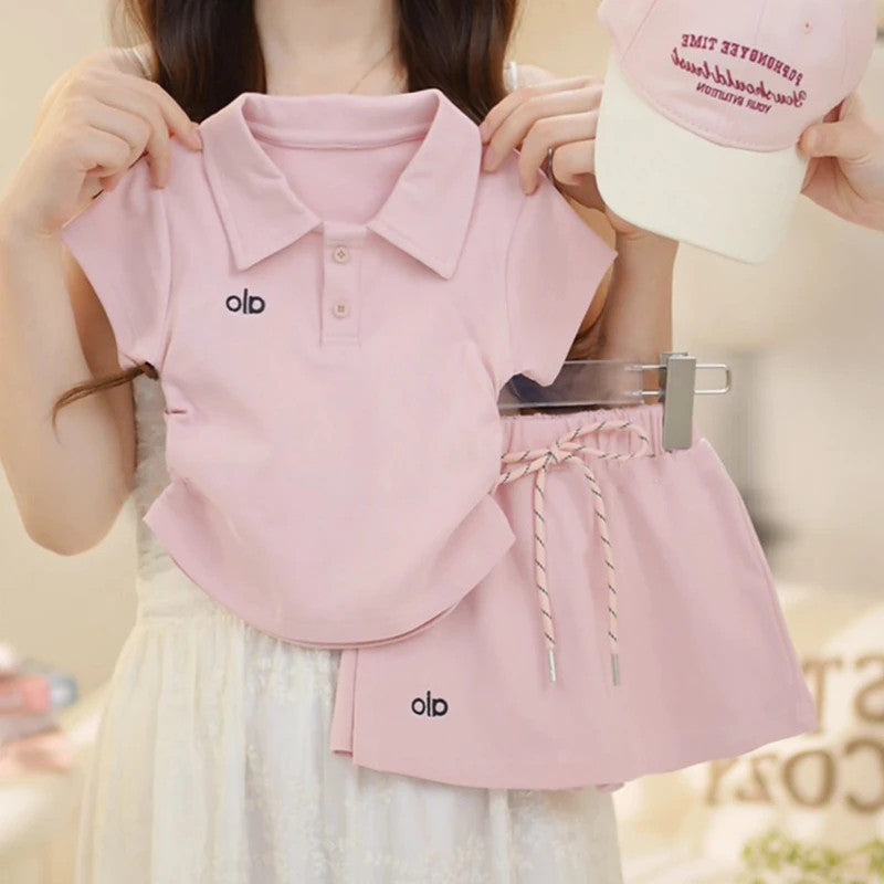 Casual Solid Color Skirt Collar Short Sleeves Children's Suit