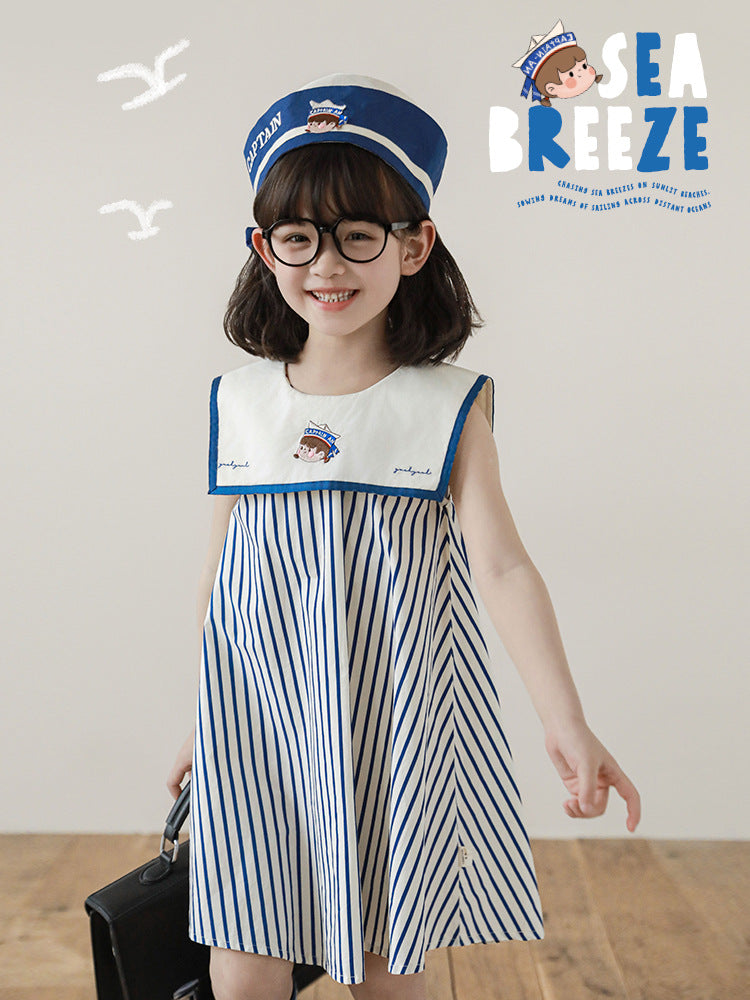 Summer Sea Patrol Dreamers Contrast Color Braid Navy Blue White Children's Dress