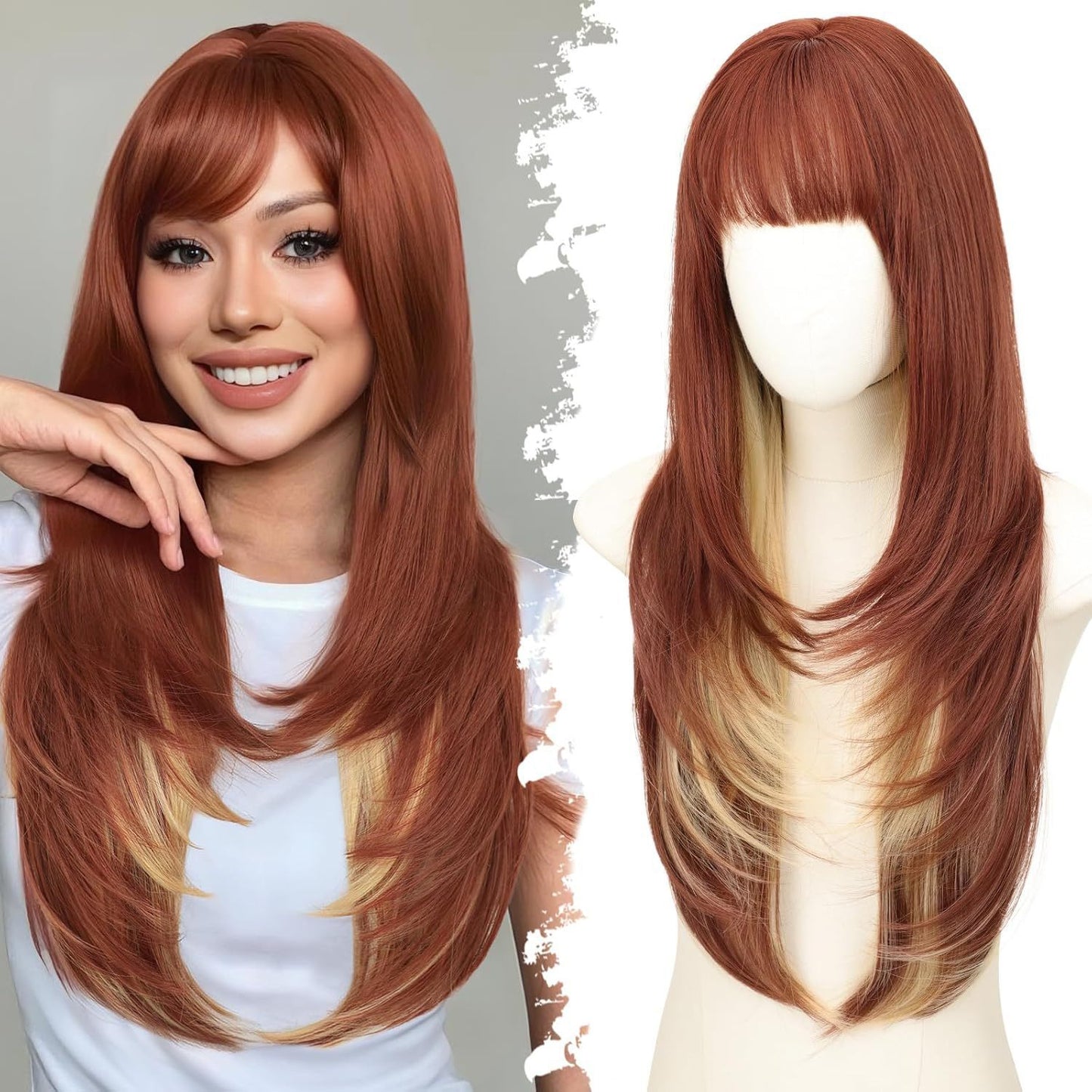 Female Straight Bangs Layered Hair Scalp Synthetic Wig Long Curls