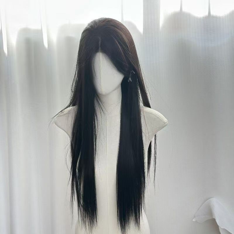 White Moonlight Female Black Mid-length Bangs Universal Simulation Long Straight Wig