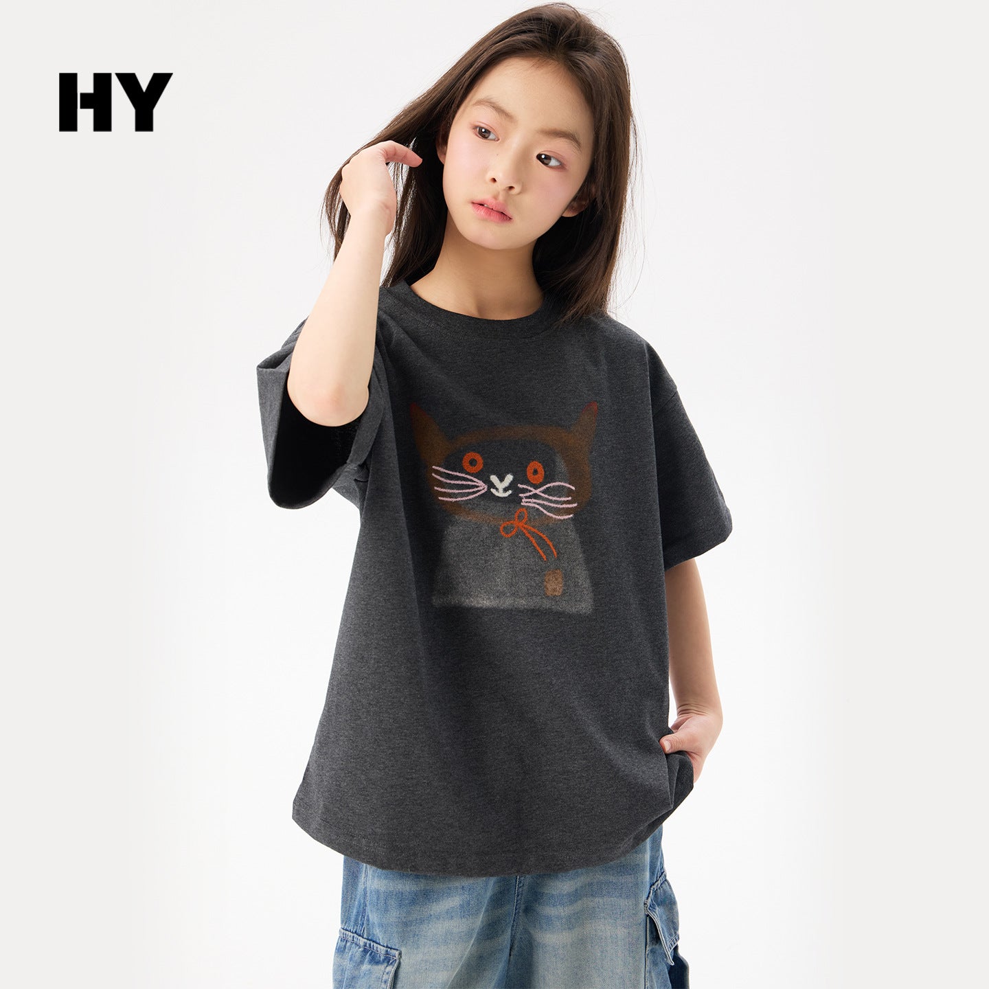 Children's Short-sleeved Summer Clothing Middle Big Cotton Coat Cartoon Kitten Half-sleeved Children's T-shirt