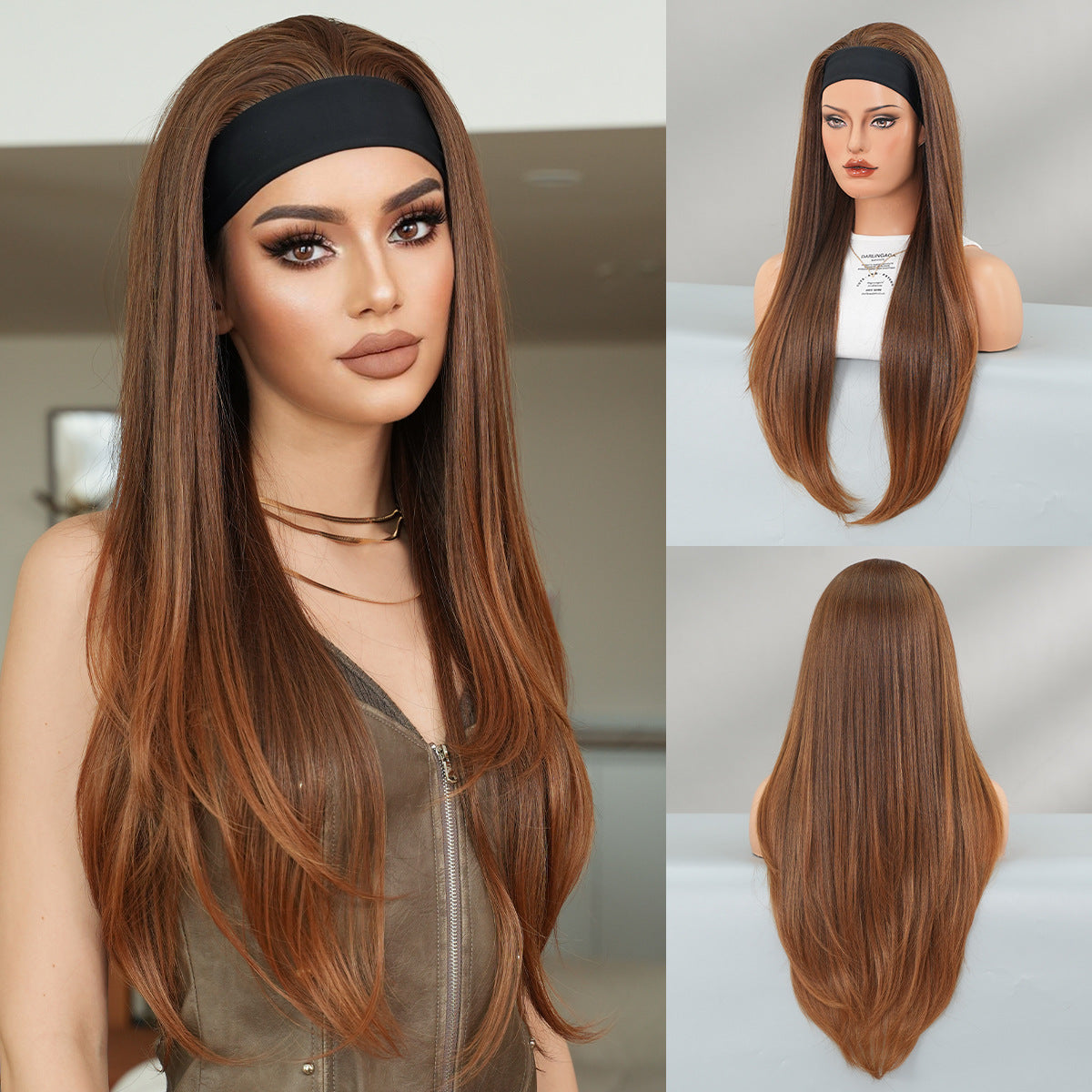 Women's Hot Wind Black Bandana Headband Layered Straight Hair Golden Brown Other Wig