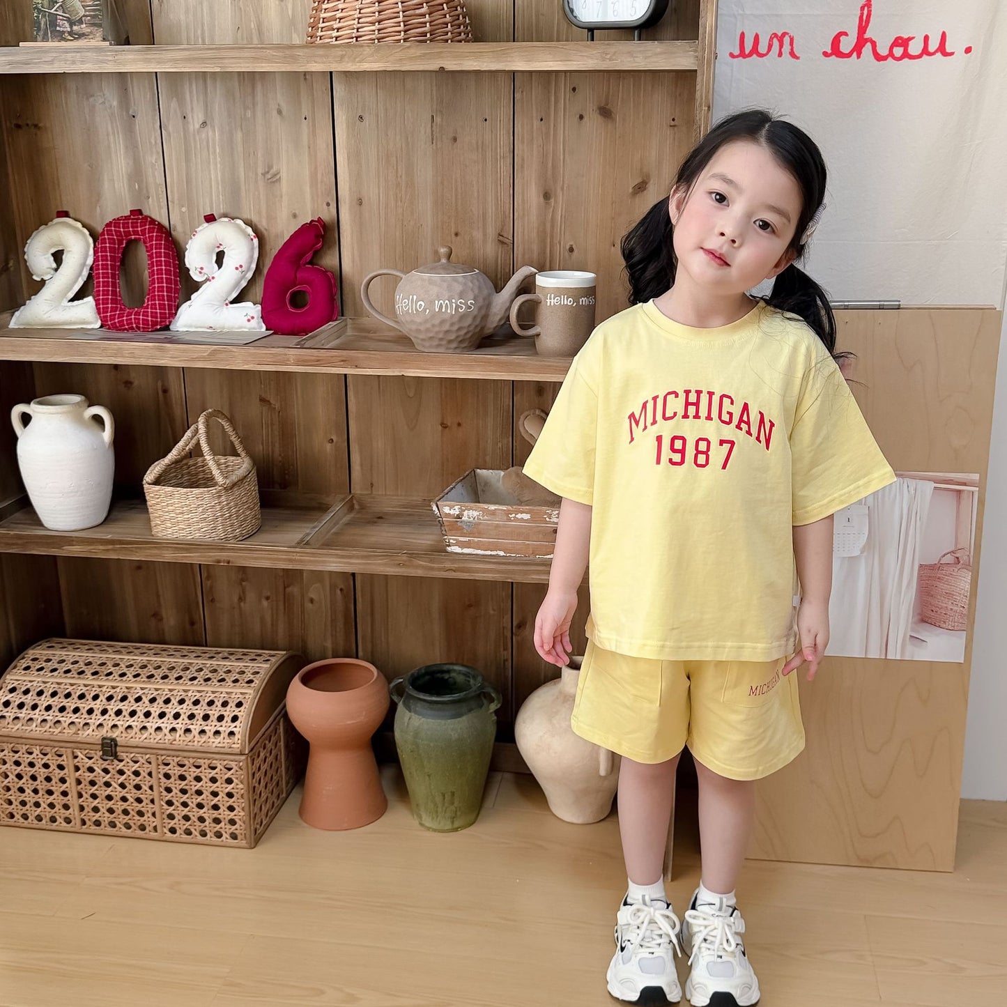 Korean Cute Printed Knitted Short-sleeved Shorts Suit Cotton Casual Children's T-shirt