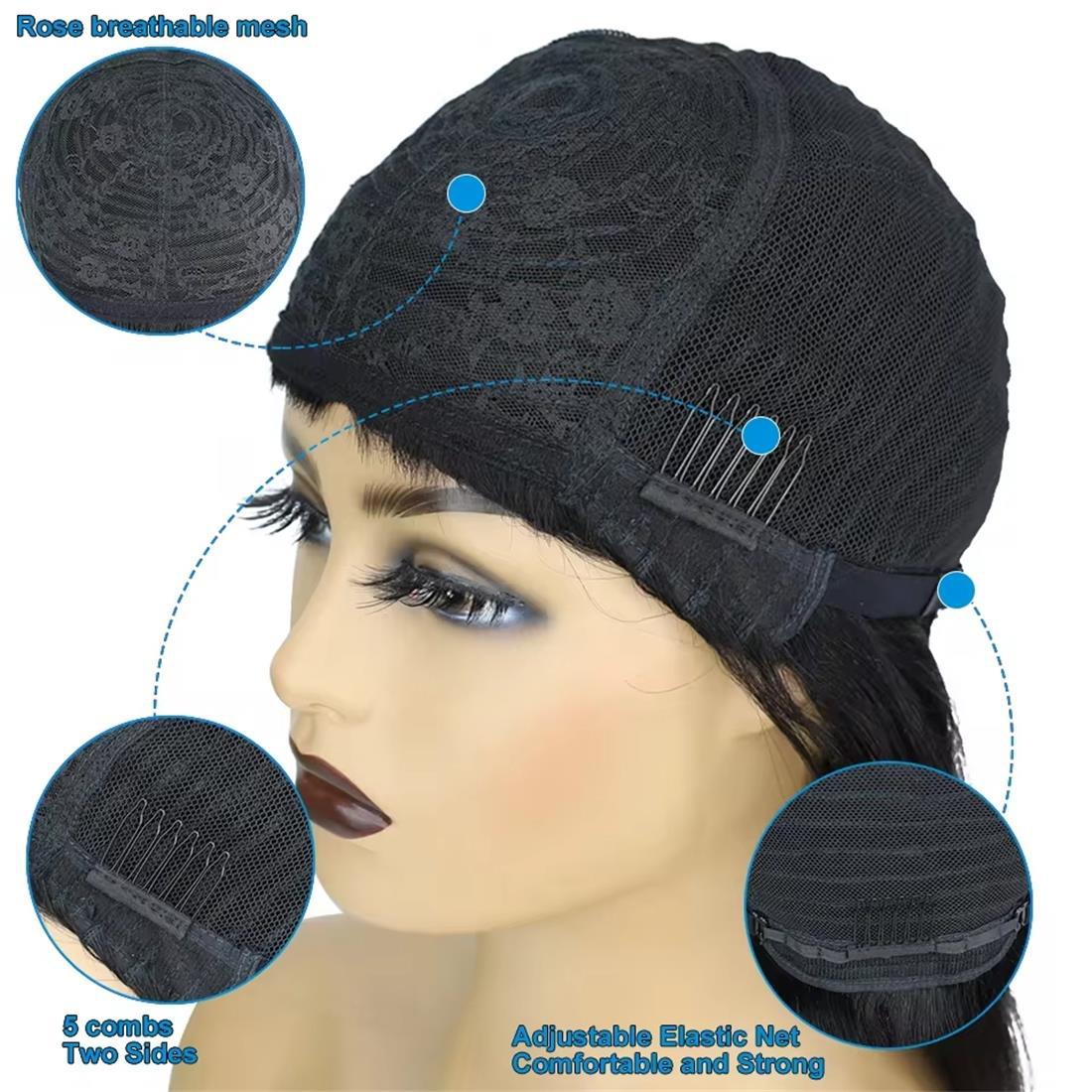Real Human Mechanism Wave Head Cover Wig Short Straight Hair